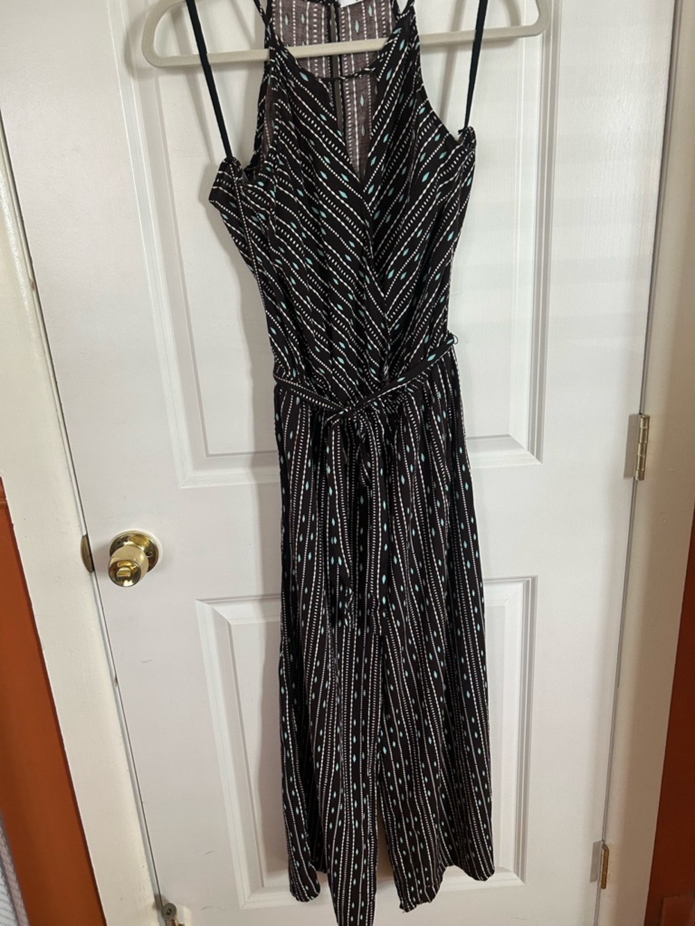 Striped Black Maxi Jumpsuit with Teal Dot Accents